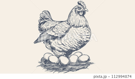 Chicken, hen with nest, eggs. Vintage retro print, chicken eggs sketch ink pencil style drawing, engrave old school. Sketch artwork silhouette chicken with nest, eggs. Vector Illustration 112994874