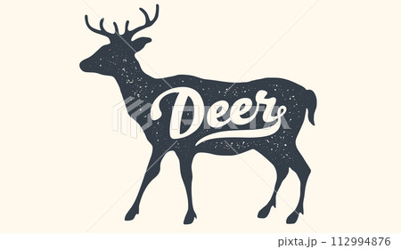 Deer. Lettering, typography. Animal silhouette deer, lettering Deer. Creative graphic design. Vintage poster, drawing, typography banner, hand drawn wild symbol, t-shirt print. Vector Illustration Deer. Lettering, typography. Animal silhouette deer, lettering Deer. Creative graphic design. Vintage poster, drawing, typography banner, hand drawn wild symbol, t-shirt print. Vector Illustration 112994876