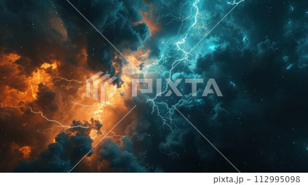 Lightning thunderstorm flash over the night sky. Concept on topic weather, cataclysms (hurricane, Typhoon, storm 112995098