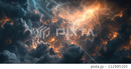 Lightning thunderstorm flash over the night sky. Concept on topic weather, cataclysms (hurricane, Typhoon, storm Lightning thunderstorm flash over the night sky. Concept on topic weather, cataclysms (hurricane, Typhoon, storm 112995105