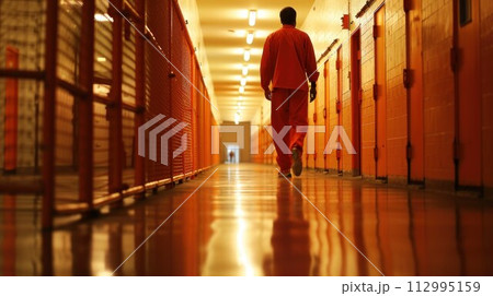 prisoner walking in orange uniform prisoner walking in orange uniform 112995159