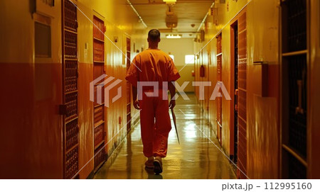 prisoner walking in orange uniform prisoner walking in orange uniform 112995160