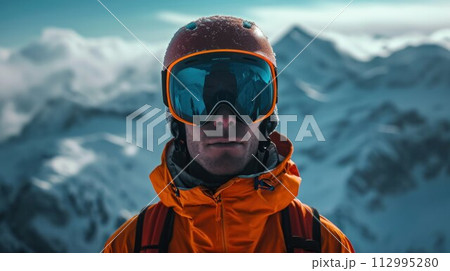 Close up of the ski goggles of a man with the reflection of snowed mountains. A mountain range reflected in the ski mask. 112995280
