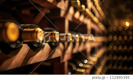 Red wine bottles stacked on wooden racks shot with limited depth of field 112995395