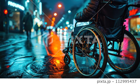 Man on wheelchair cross the road at dusk, Lifestyle living in street transport Man on wheelchair cross the road at dusk, Lifestyle living in street transport 112995437