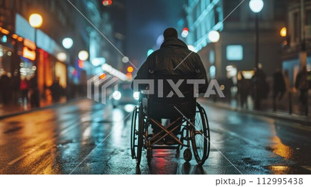 Man on wheelchair cross the road at dusk, Lifestyle living in street transport 112995438