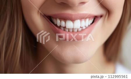 Beautiful female smile after teeth whitening procedure. Dental care. Dentistry concept Beautiful female smile after teeth whitening procedure. Dental care. Dentistry concept 112995561