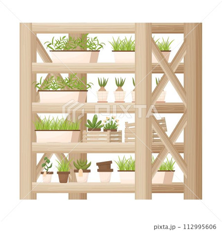 Wooden shelving, showcase with plants, flowerpots in cartoon style, textured and detailed isolated on white background. Indoor furniture, elegant bookcase, floral store equipment.  112995606