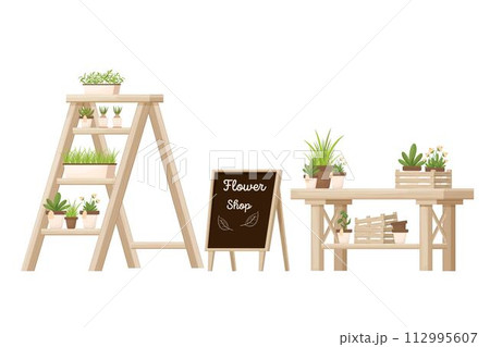 Flower shop wooden furniture, store equipment with shelving ladder, desk and advertising board isolated on white background in cartoon style. Retail decoration element, flowerpot, fresh, green plants 112995607