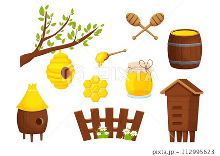 Set of different wooden beehive, cute fence, honey dipper, barrel and glass jar. Apiculture, beekeeping equipment, cartoon objects isolated on white background stock vector illustration. Set of different wooden beehive, cute fence, honey dipper, barrel and glass jar. Apiculture, beekeeping equipment, cartoon objects isolated on white background stock vector illustration. 112995623