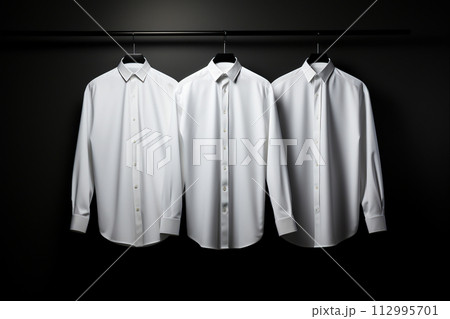 Mens Shirt Hanging in Wardrobe: Blue Cotton Apparel on Hanger, Generative Ai Mens Shirt Hanging in Wardrobe: Blue Cotton Apparel on Hanger, Generative Ai 112995701