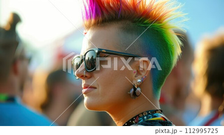 Girl punk rock musician with bright makeup and rainbow mohawk at concert Girl punk rock musician with bright makeup and rainbow mohawk at concert 112995725