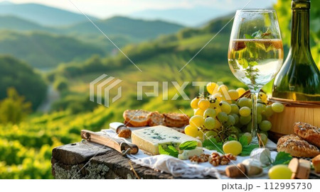 Various sorts of cheese, grapes and two glasses of the white wine 112995730