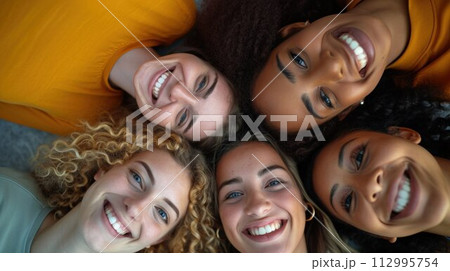 Top view six diverse women in lying and smile look at camera feels happy, bachelorette party concept 112995754