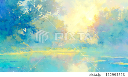 淡い色彩の幻想的な穏やかな池の水彩イラスト風景のイラスト素材