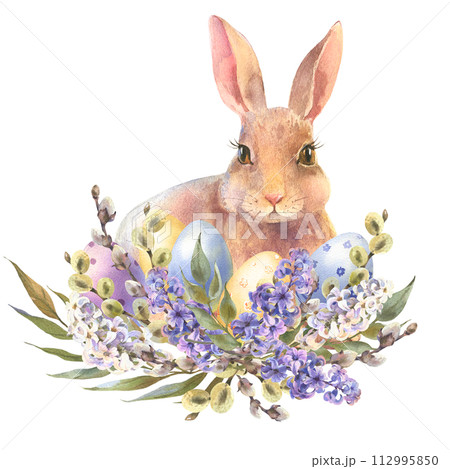 Watercolor peach rabbit is sitting in the spring flowers wreath. Easter bunny and colorful eggs, decorative eggs yellow, blue, violet. Template for designs , card, wallpaper. 112995850