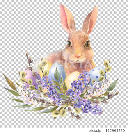 Watercolor peach rabbit is sitting in the spring flowers wreath. Easter bunny and colorful eggs, decorative eggs yellow, blue, violet. Template for designs , card, wallpaper. 112995850