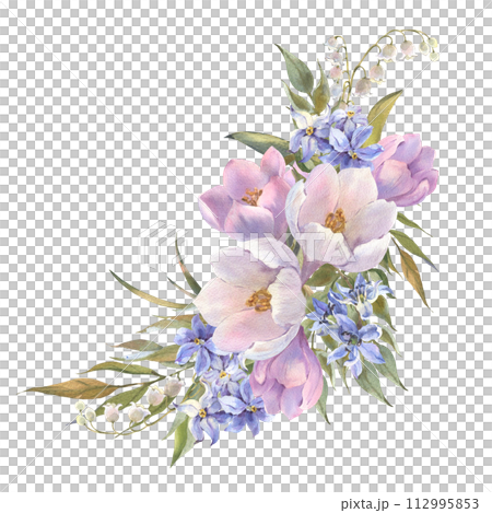 Watercolor illustration, template of spring flowers. Watercolor background with blossoming crocuses, lilies of the valley, snowdrops. Design for printing postcards, invitations to weddings, birthdays 112995853