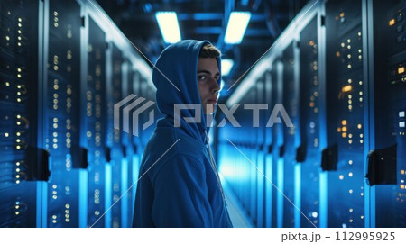 A Hooded Hacker Steals Information from Corporate Data Center 112995925