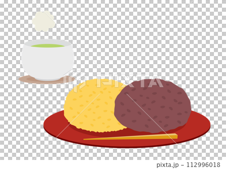 赤い皿に載ったおはぎとお茶のイラスト 112996018