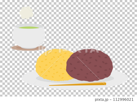 白い皿に載ったおはぎとお茶のイラスト 112996021
