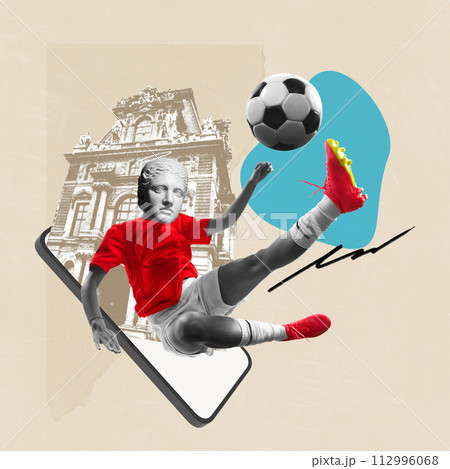 Dynamic image of woman with antique statue bust in motion over phone screen with old buildings element. Contemporary art collage. Dynamic image of woman with antique statue bust in motion over phone screen with old buildings element. Contemporary art collage. 112996068