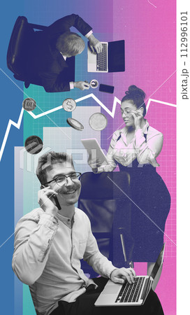 Group of employees working in office, growing financial aspects of company, developing strategy of successful promotion. Contemporary art collage. Group of employees working in office, growing financial aspects of company, developing strategy of successful promotion. Contemporary art collage. 112996101