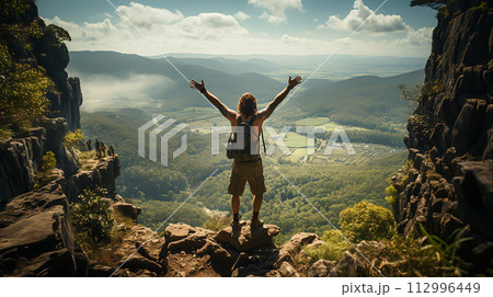 Happy man with arms up jumping, Generative Ai 112996449