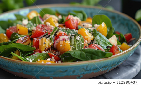 AI-generated content. Fresh salad of spinach, tomatoes, sweet peppers and herbs, seasoned with spices and grated Parmesan 112996487