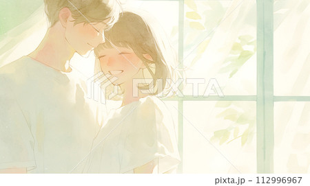 淡い色調の窓辺で寄り添うカップルの水彩イラスト 112996967