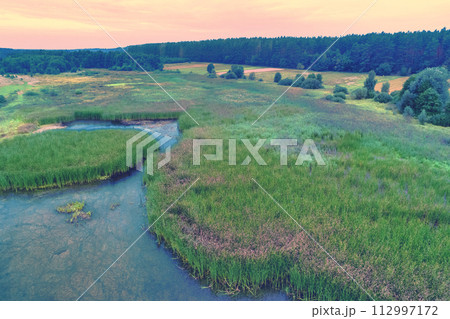 Aerial view of the reeded brook. Summer rural landscape 112997172