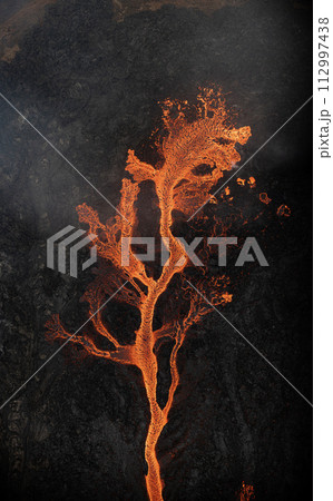 Aerial view of the texture of a solidifying lava field, close-up 112997438