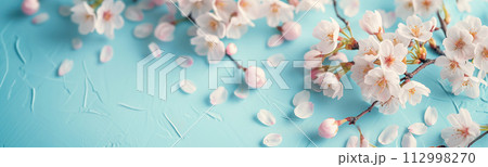Panoramic isolated view of blooming cherry branches. Easter concept. Banner, wallpaper, card ideas. 112998270
