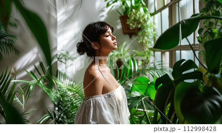 woman in a room with tropical green plants 112998428
