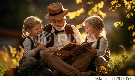 Happy grandfather reading with grandchildren 112998452