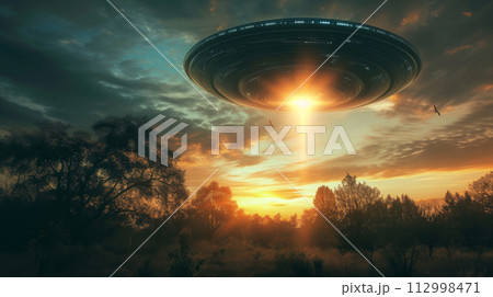 UFOs Descending on a Misty Field at Dawn UFOs Descending on a Misty Field at Dawn 112998471