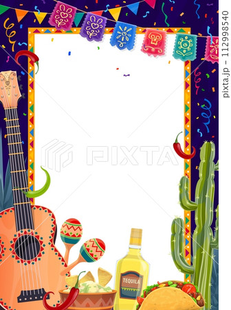 Mexican holiday poster with guitar, food and papel picado flags. Vector vertical frame or background with copy space, cartoon confetti, cactus, tequila and maracas, tex mex taco, nachos or pepper 112998540