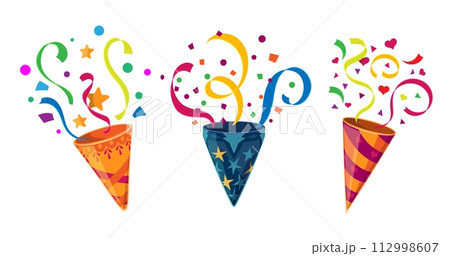 Holiday birthday party popper striped cones, firecrackers with confetti stars and ribbons, cartoon vector. Birthday carnival or festival celebration pop cracker or popper cone with stripes and stars Holiday birthday party popper striped cones, firecrackers with confetti stars and ribbons, cartoon vector. Birthday carnival or festival celebration pop cracker or popper cone with stripes and stars 112998607