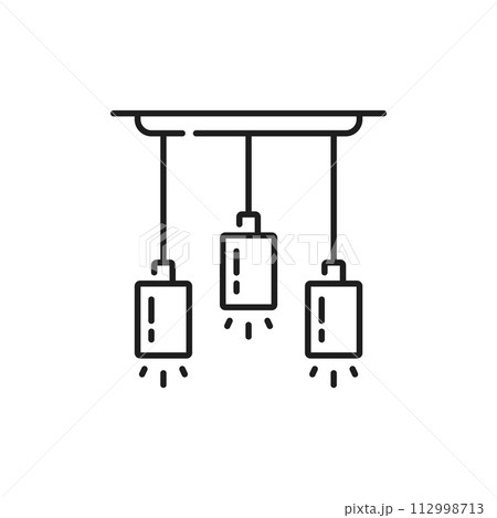 Pendant LED lamps or ceiling spotlights line icon, light fixture and illumination in vector outline. Hanging spot lamps or spotlight lanterns for home interior, night illumination and room lighting 112998713