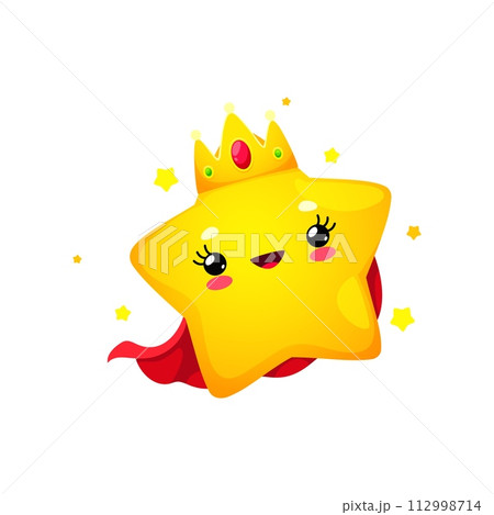 Cartoon cute cheerful kawaii star and happy twinkle character in golden crown and a vibrant red cape. Isolated vector joyful toon personage radiates pure delight and cuteness, light up celestial world 112998714