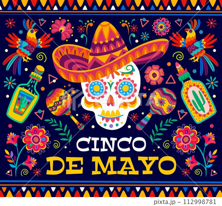 Cinco de mayo mexican holiday banner. Vector greeting card with colorful sugar skull donning a festive sombrero, surrounded by folk motifs of Mexico, tequila and maracas, celebrating cultural heritage 112998781