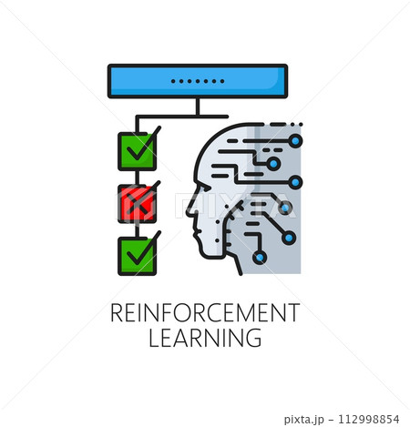 Reinforcement machine learning color line icon, ai artificial intelligence algorithm. Isolated vector linear sign, symbolizing continuous learning, with a central brain evolving through feedback loops Reinforcement machine learning color line icon, ai artificial intelligence algorithm. Isolated vector linear sign, symbolizing continuous learning, with a central brain evolving through feedback loops 112998854