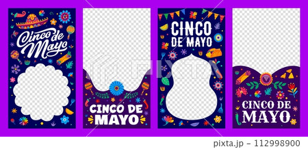 Cinco de mayo Mexican holiday social media templates. Vector vertical banners or frames, capture the festive spirit, share cultural pride, and spread joy with colorful Viva Mexico alebrije style 112998900