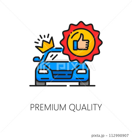 Auto dealer, dealership, car company thin line icon. Car salon, auto shop or luxury vehicle dealership thin line vector sign. Automobile official distributor linear pictogram with best quality badge 112998907