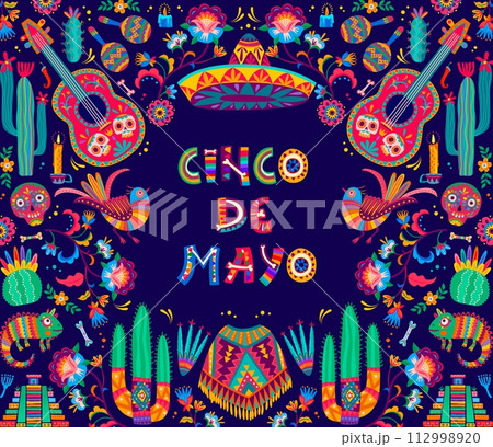 Mexican Cinco de Mayo holiday banner with sombrero, guitars and tropical flowers ornament, vector background. Mexican maracas, poncho and cactus with skull and humming bird for Cinco de Mayo fiesta 112998920