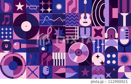 Music geometric abstract poster or modern banner with pattern, vector background. Geometric bauhaus music shapes, guitar or vinyl and CD disc, retro microphone or piano keys and loudspeaker 112998921