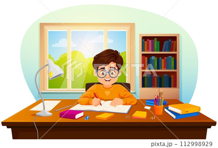 Cartoon boy kid makes homework or funny pupil studying lessons, vector child student. Boy kid in eyeglasses making school homework, sitting at table desk with books and writing in copybook Cartoon boy kid makes homework or funny pupil studying lessons, vector child student. Boy kid in eyeglasses making school homework, sitting at table desk with books and writing in copybook 112998929