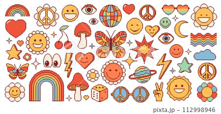 Pixel y2k groovy, rave, hippie and psychedelic symbols. Smile face, amanita mushroom and sun, butterfly or rainbow. Gamble dice, sunglasses with peace signs, daisy flower, disco ball, star with flash 112998946