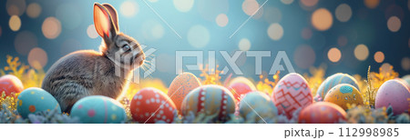 Funny bunny sitting on meadow with colourful eggs around. Easter concept. 112998985