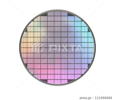 Polycrystalline silicon wafer with microchips isolated on white 112998988